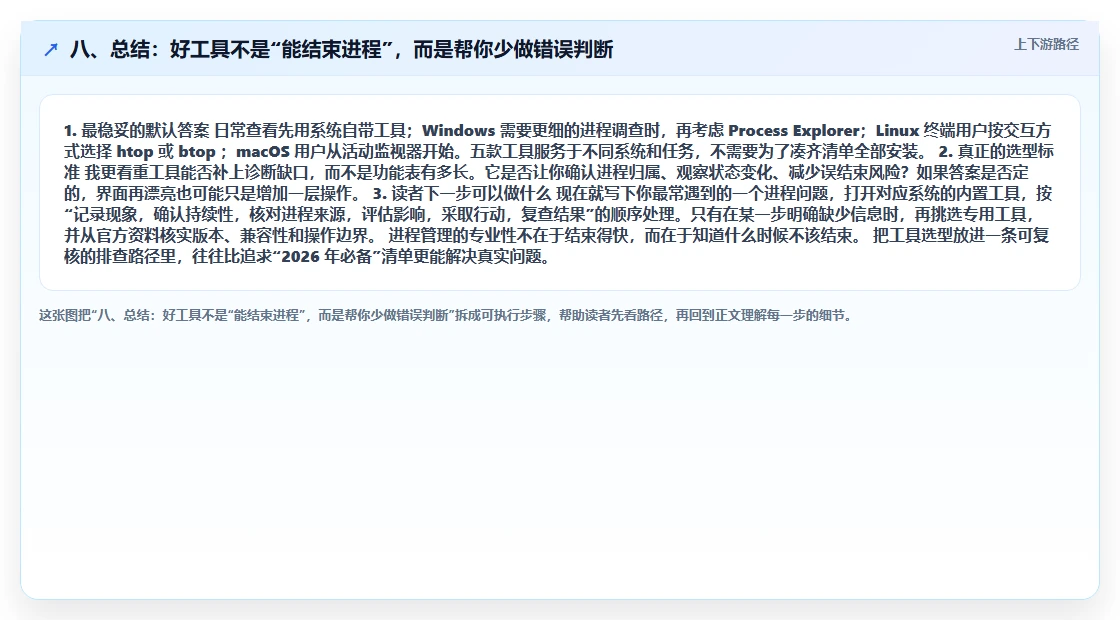 八、总结：好工具不是“能结束进程”，而是帮你少做错误判断