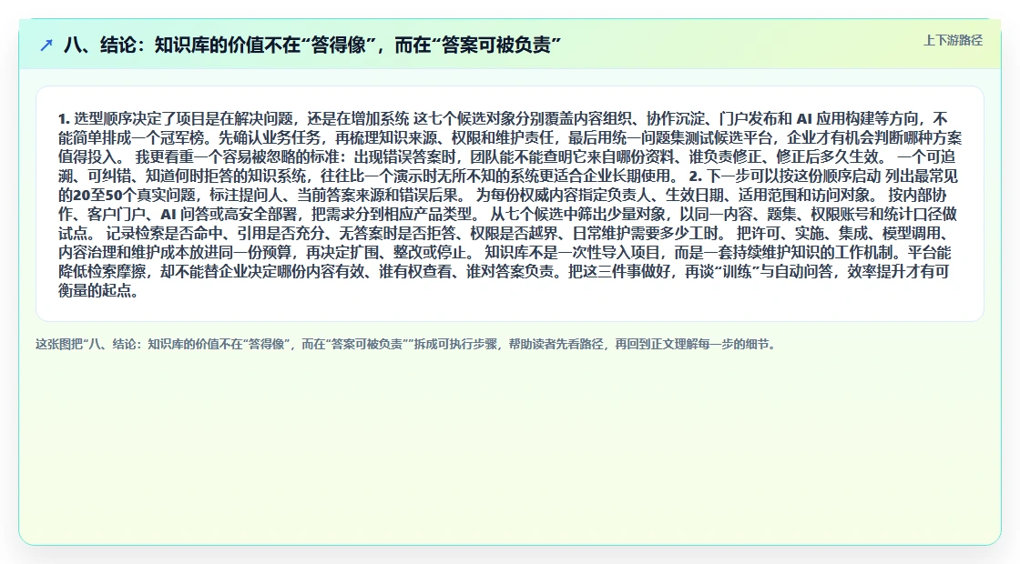 八、结论:知识库的价值不在“答得像”,而在“答案可被负责”