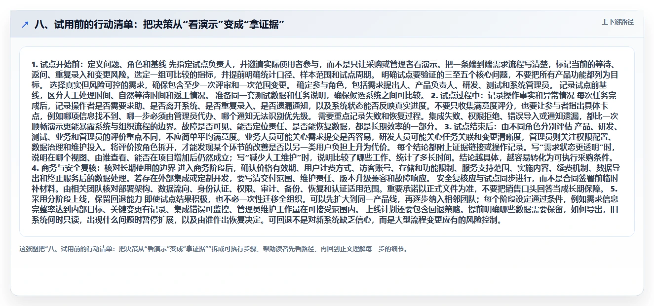 八、试用前的行动清单：把决策从“看演示”变成“拿证据”