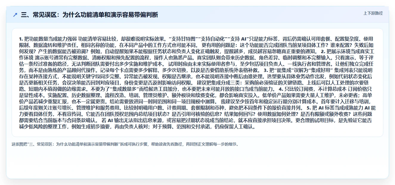 三、常见误区:为什么功能清单和演示容易带偏判断