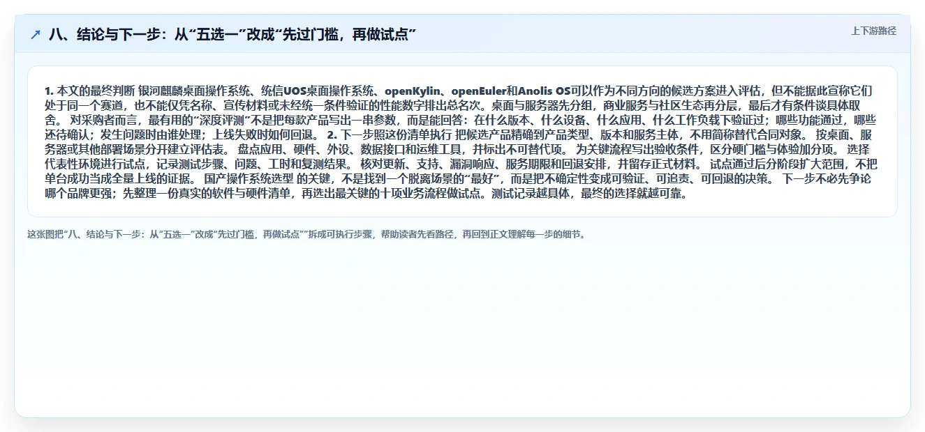 八、结论与下一步:从“五选一”改成“先过门槛,再做试点”
