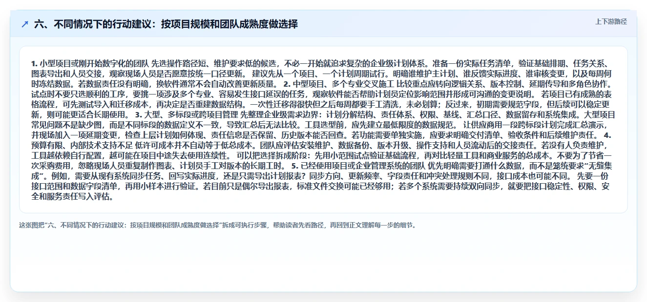 六、不同情况下的行动建议:按项目规模和团队成熟度做选择