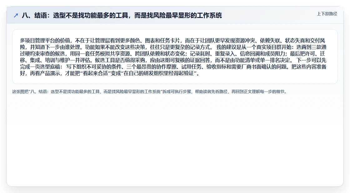 八、结语:选型不是找功能最多的工具,而是找风险最早显形的工作系统