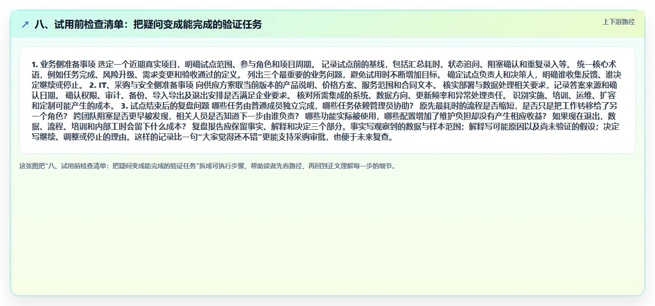 八、试用前检查清单:把疑问变成能完成的验证任务