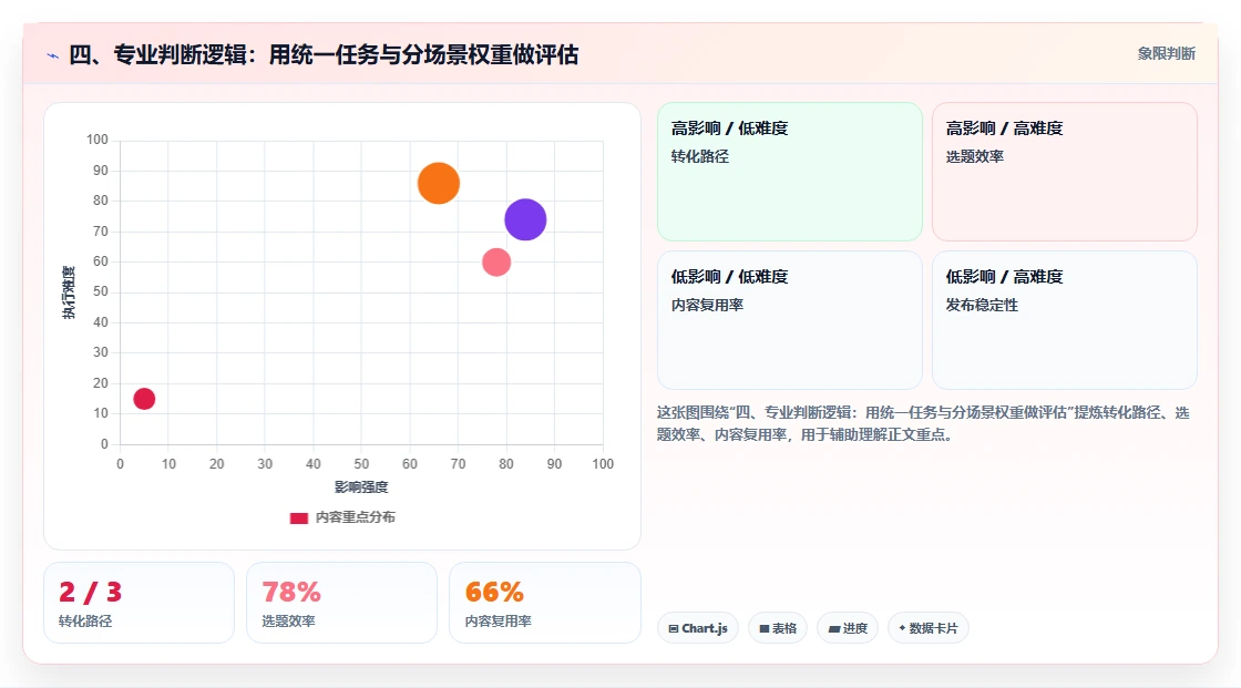 四、专业判断逻辑:用统一任务与分场景权重做评估