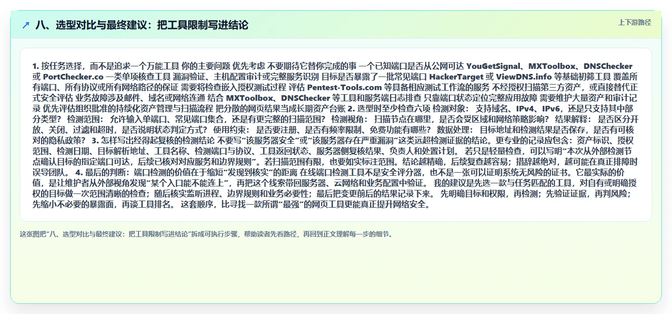 八、选型对比与最终建议:把工具限制写进结论