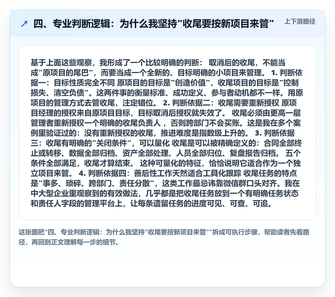 四、专业判断逻辑:为什么我坚持"收尾要按新项目来管"