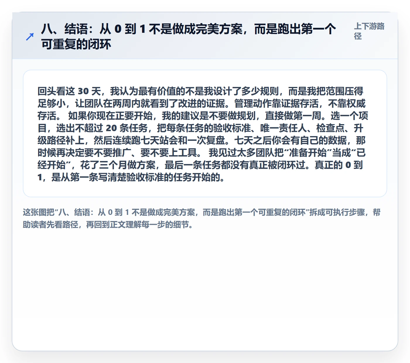 八、结语:从 0 到 1 不是做成完美方案,而是跑出第一个可重复的闭环