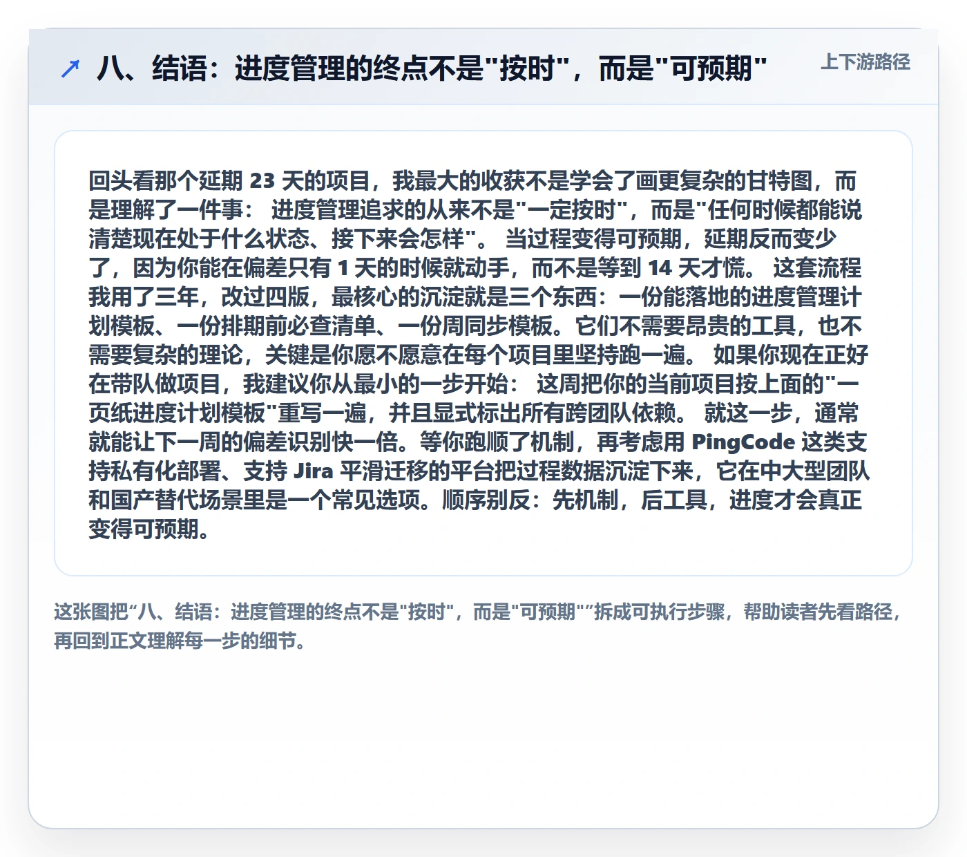 八、结语：进度管理的终点不是"按时"，而是"可预期"
